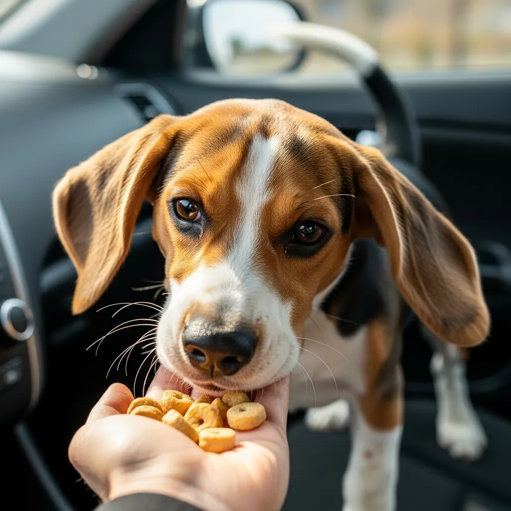 Beagle puppy exploring car with treats.
