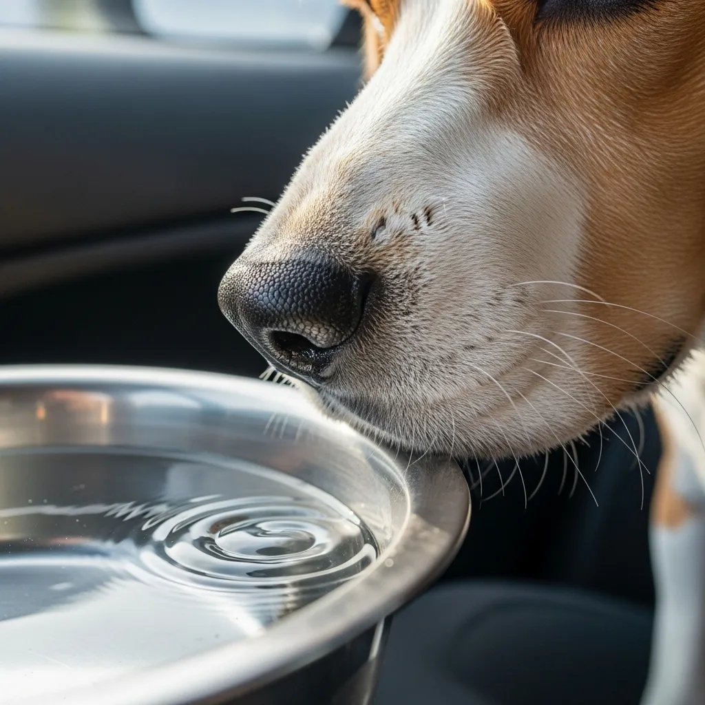 Beagle drinking water from bowl in car.