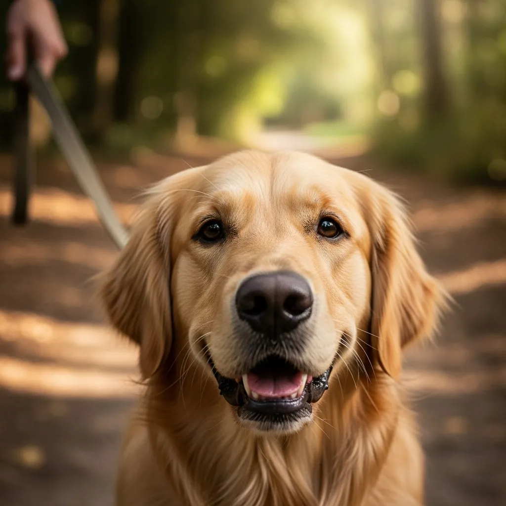 Calm dog on leash during pre-trip walk.