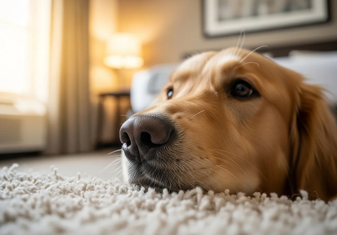 Dog sniffing new environment in hotel room.