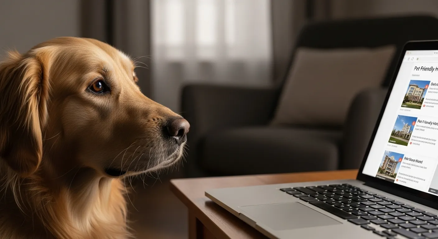 Dog looking at pet-friendly hotel options on a laptop.