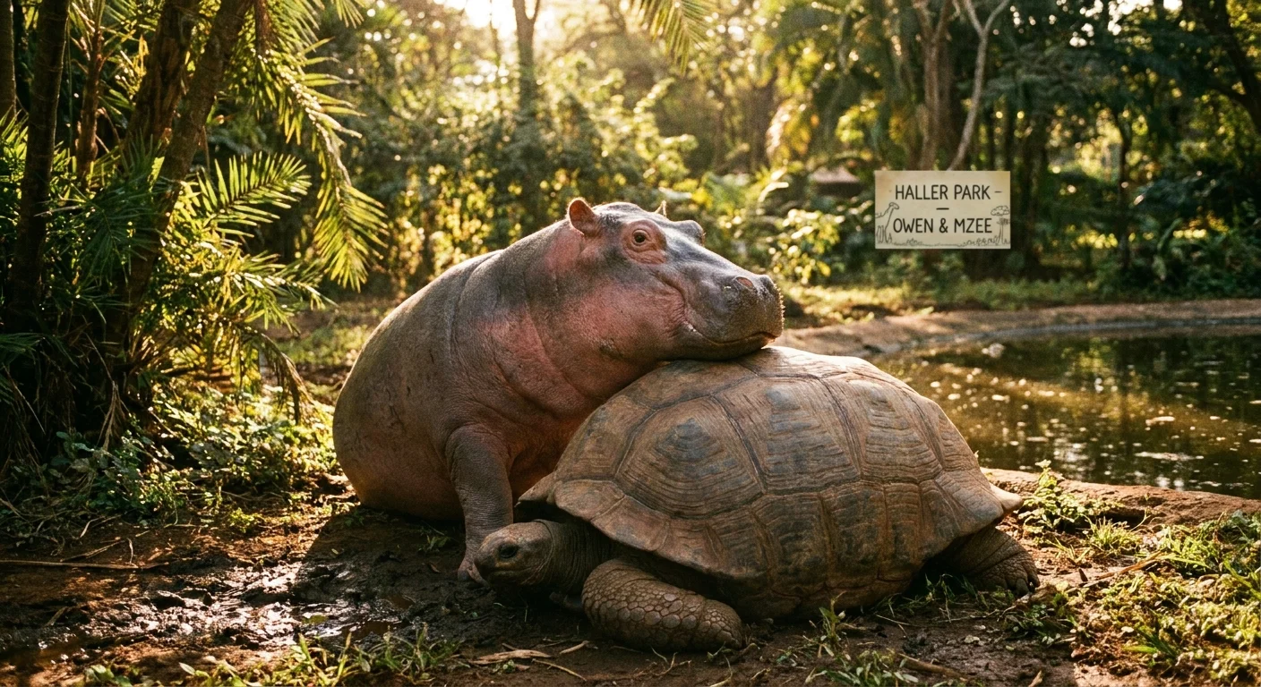 A baby hippopotamus resting its head on the shell of a giant tortoise in a lush outdoor sanctuary.
