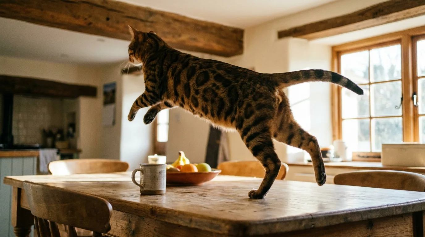 A Bengal cat with leopard-like spots leaping from a wooden table toward a high ceiling beam in a sunlit room.