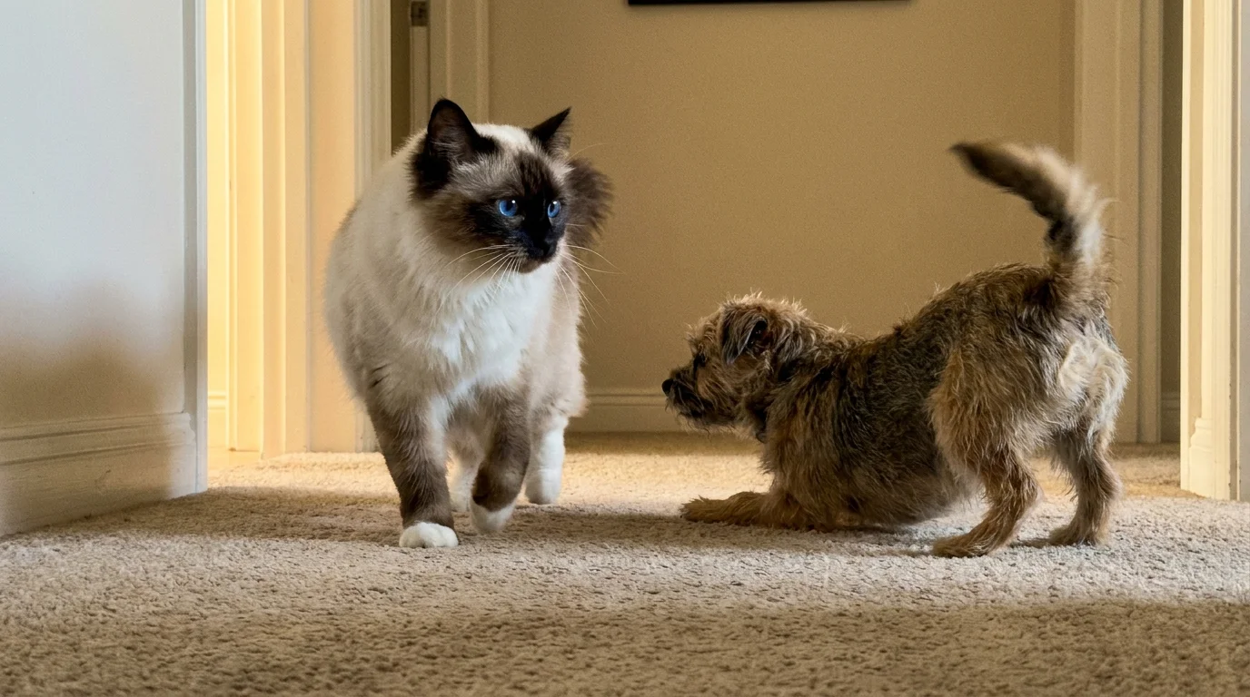 A Birman cat with white paws and blue eyes playing tag with a small terrier dog in a hallway.