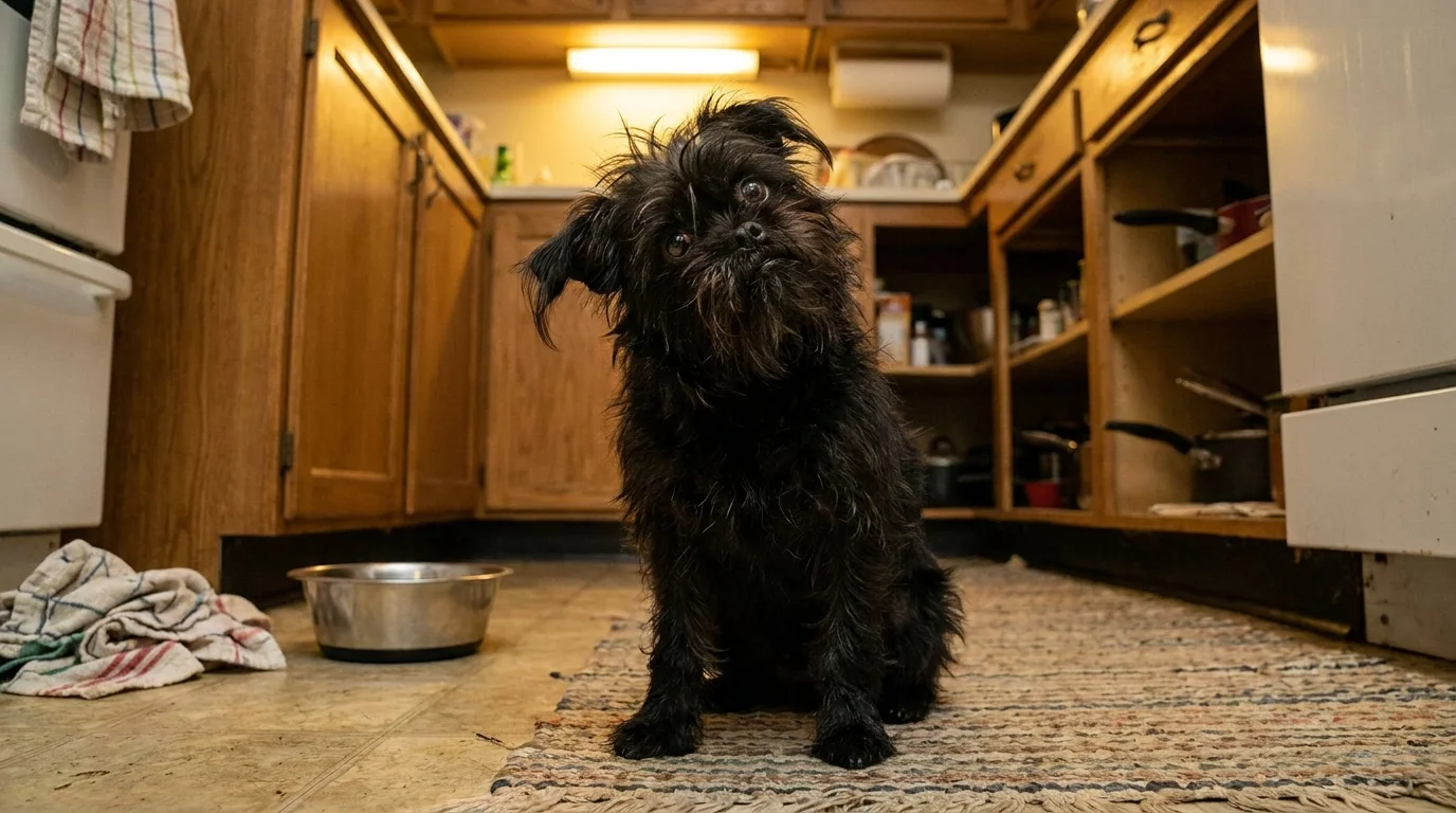 A black Affenpinscher with a funny, monkey-like face sits on a kitchen floor with a tilted head.