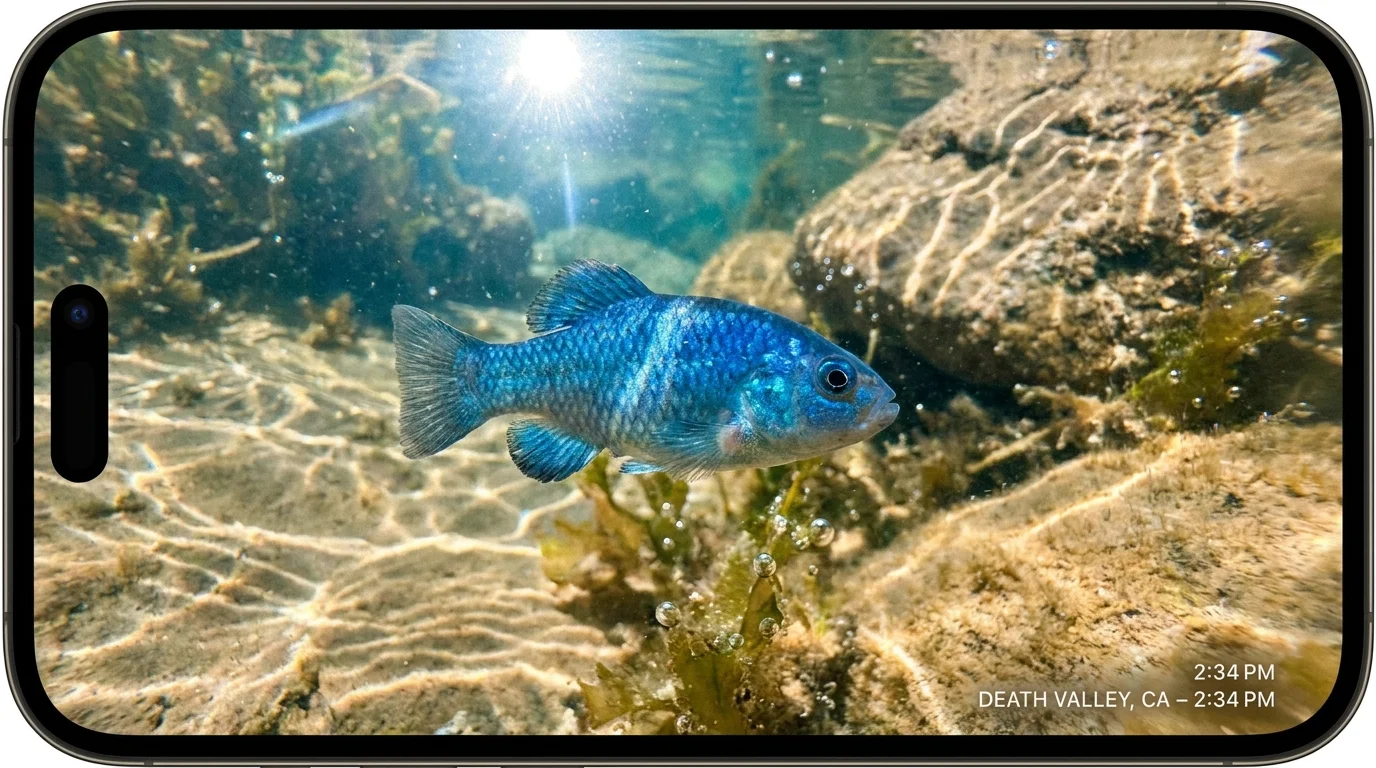 A bright blue pupfish swimming in a clear, sunlit thermal spring in the desert.