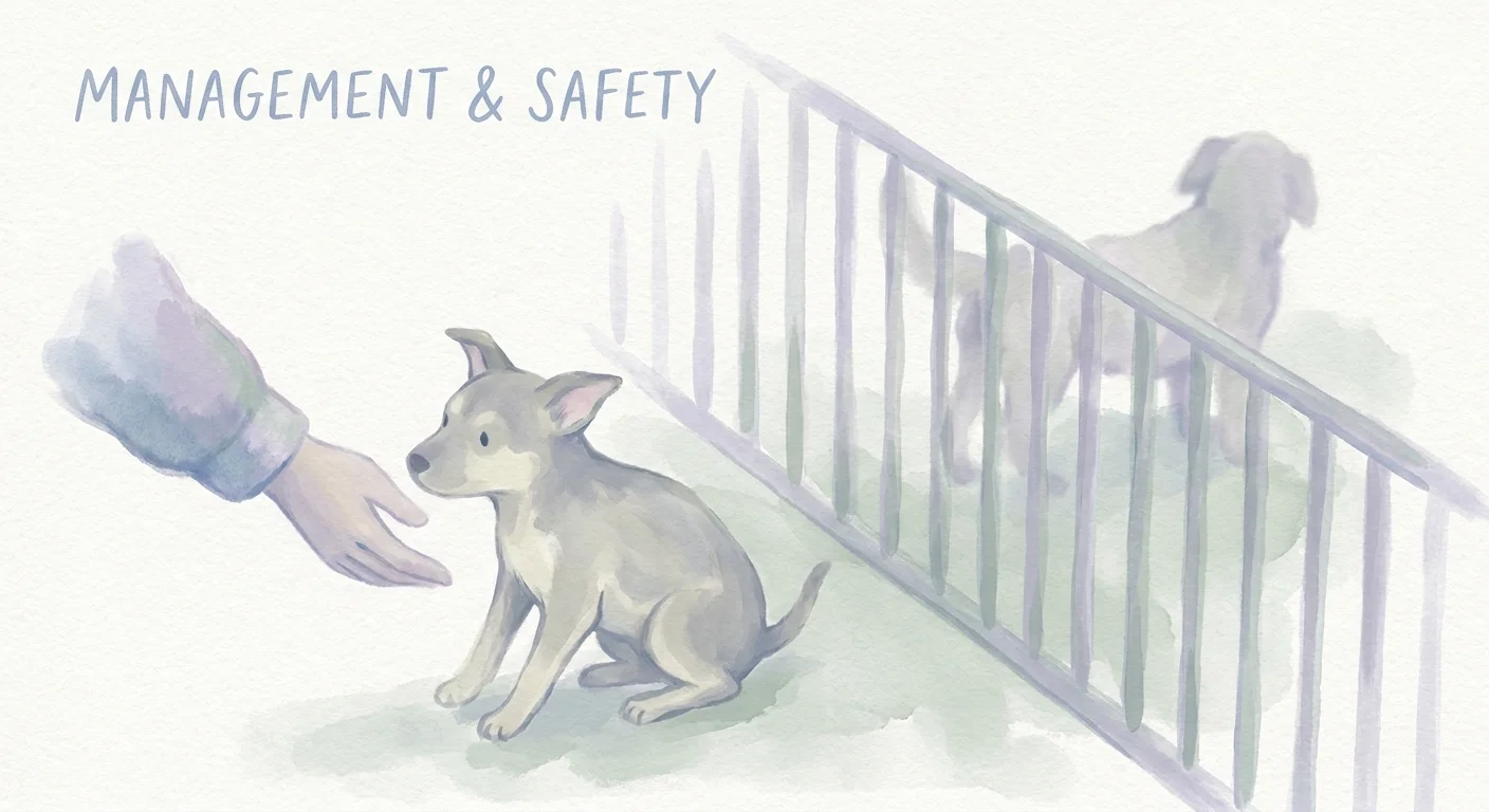 A calming gouache illustration showing a human hand comforting a dog, with a baby gate providing safe separation from another dog.