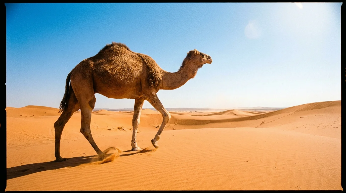 A camel walking across sun-drenched sand dunes in the desert, with a warm film-photography look and heat haze.