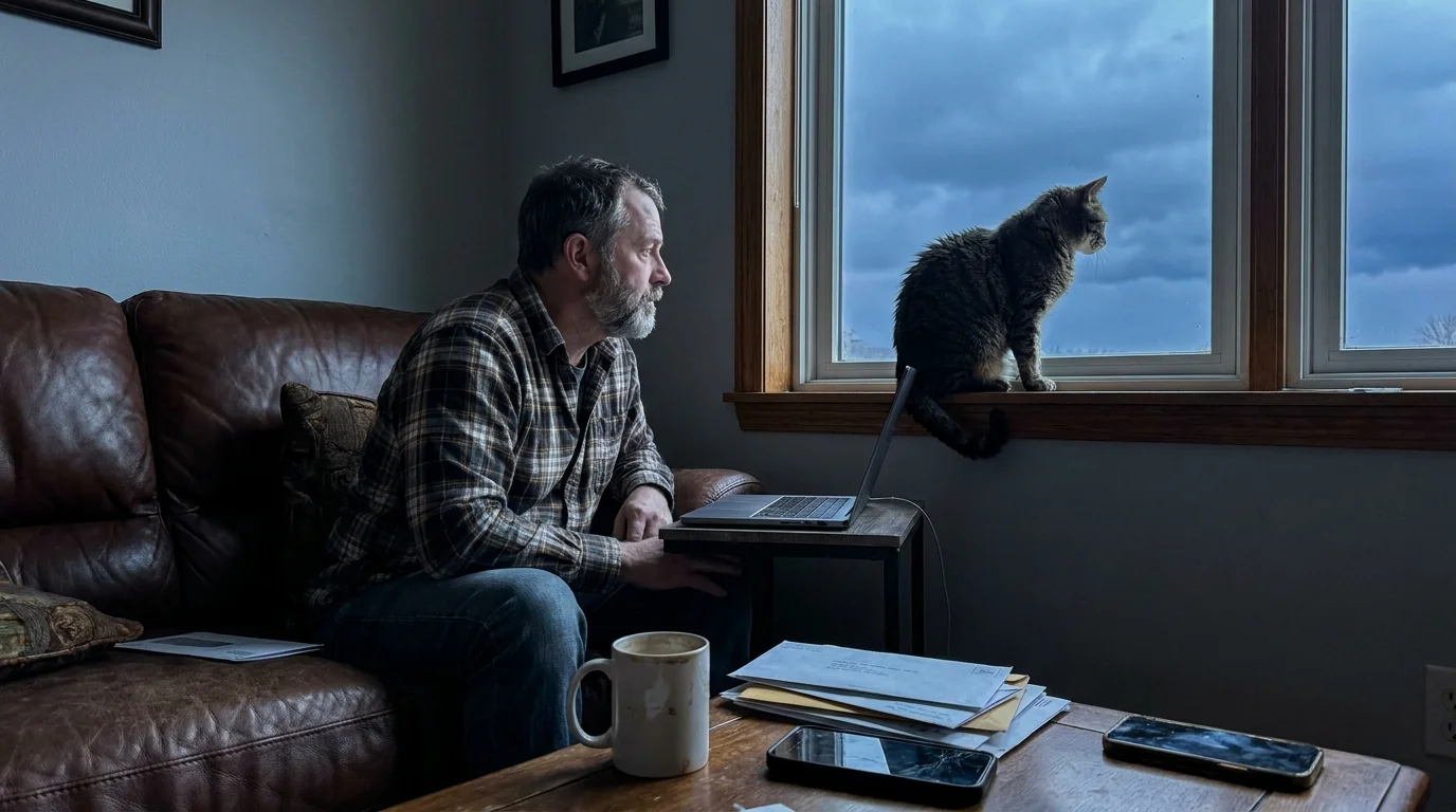 A candid photo of a man on a sofa watching his cat, which is standing alert on a windowsill looking at a dark storm sky.