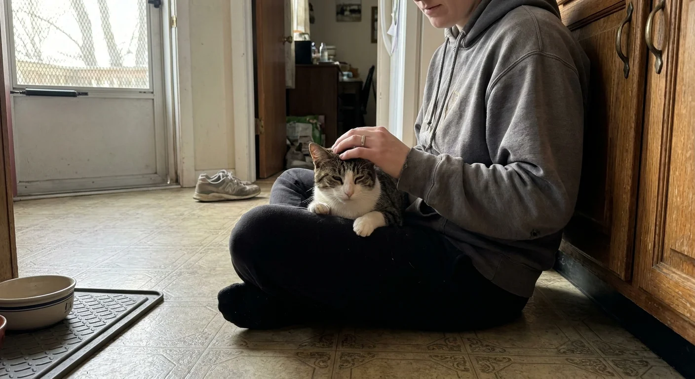 A candid photo of a person sitting on their kitchen floor, gently comforting and petting a relaxed cat.