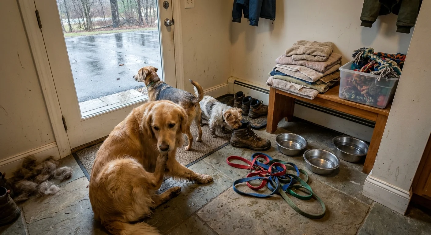 A candid photo of three dogs in a messy mudroom with leashes and bowls, showing the reality of a multi-pet home.