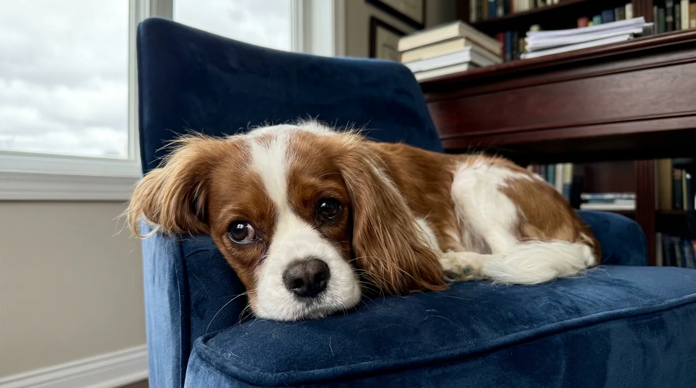 A Cavalier King Charles Spaniel with long, silky ears looking up from a velvet chair.