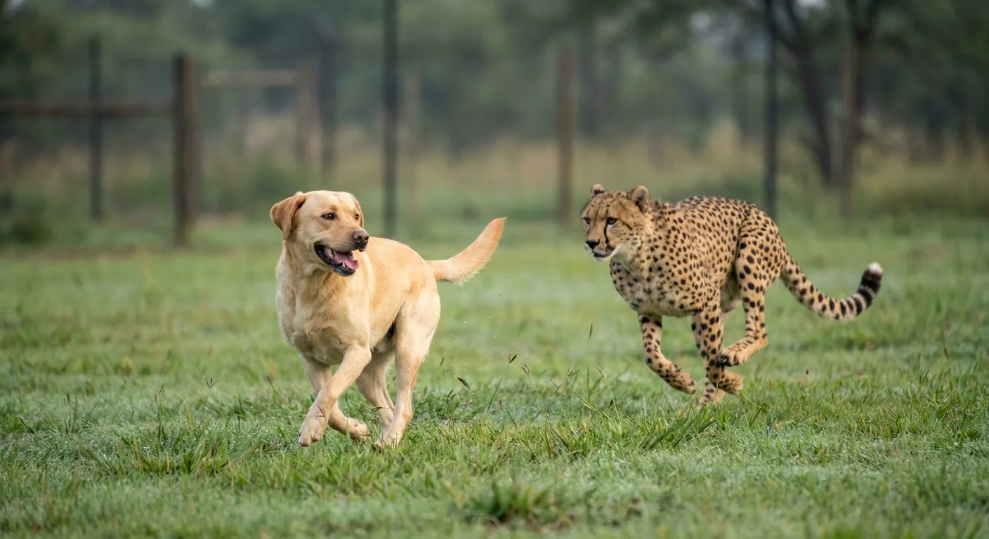 A cheetah and a yellow Labrador retriever running and playing together in a grassy field.