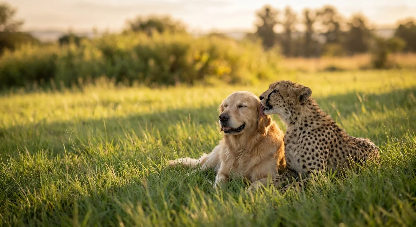 A cheetah cub gently grooms a relaxed Golden Retriever while lying together in a sunny, grassy enclosure.