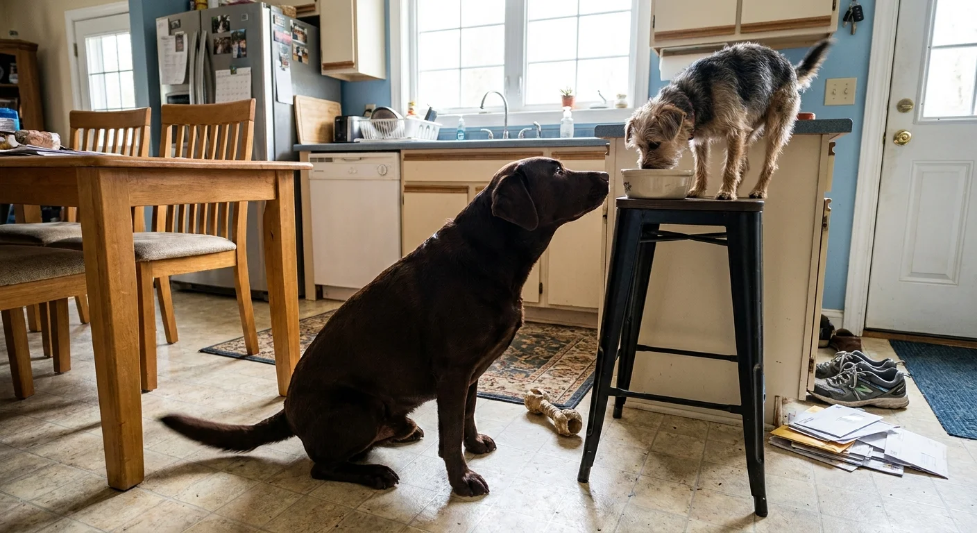 A chocolate Labrador sitting patiently in a sunlit kitchen, watching a smaller dog near a food bowl.