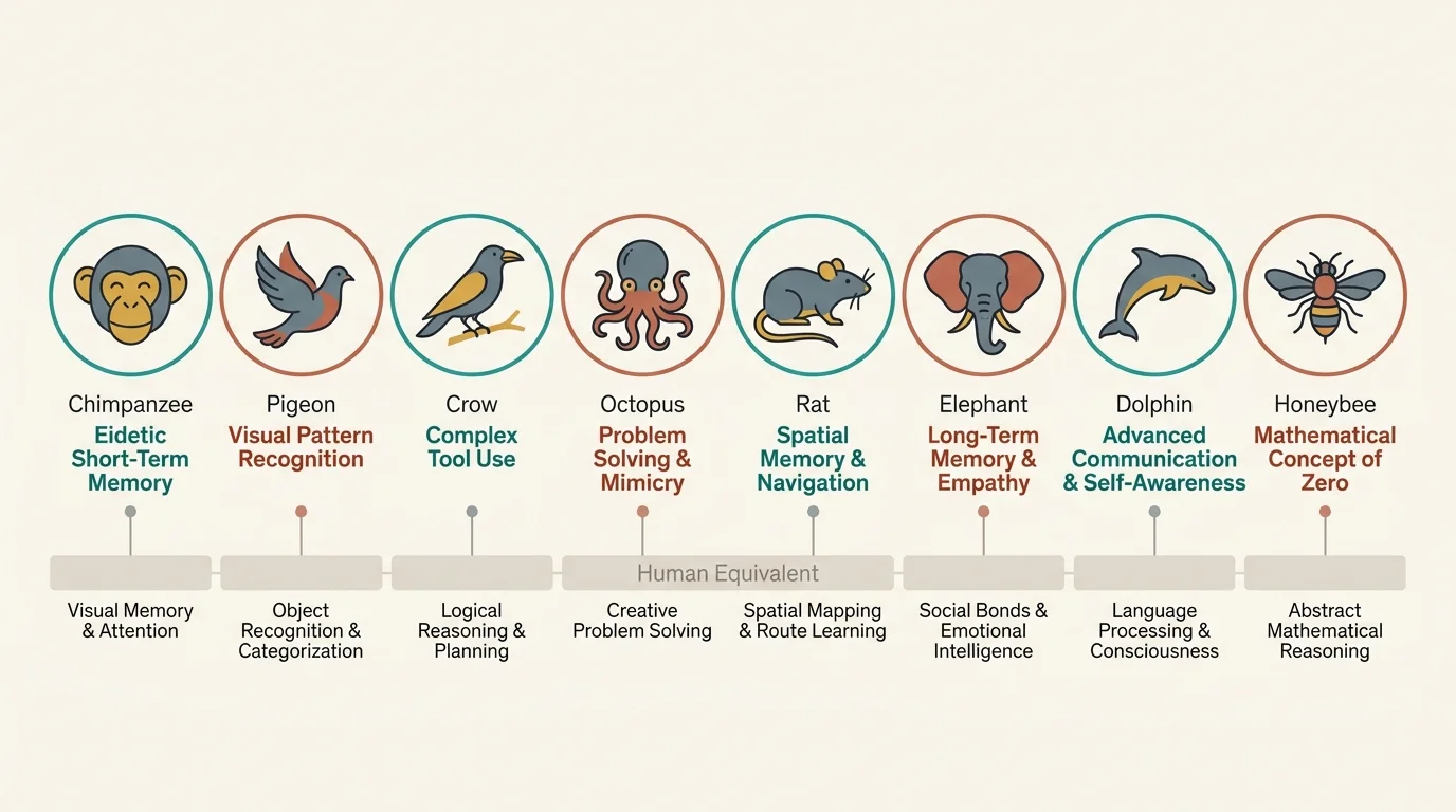 A clean horizontal infographic comparing the cognitive strengths of eight animals including chimps, crows, and honeybees.