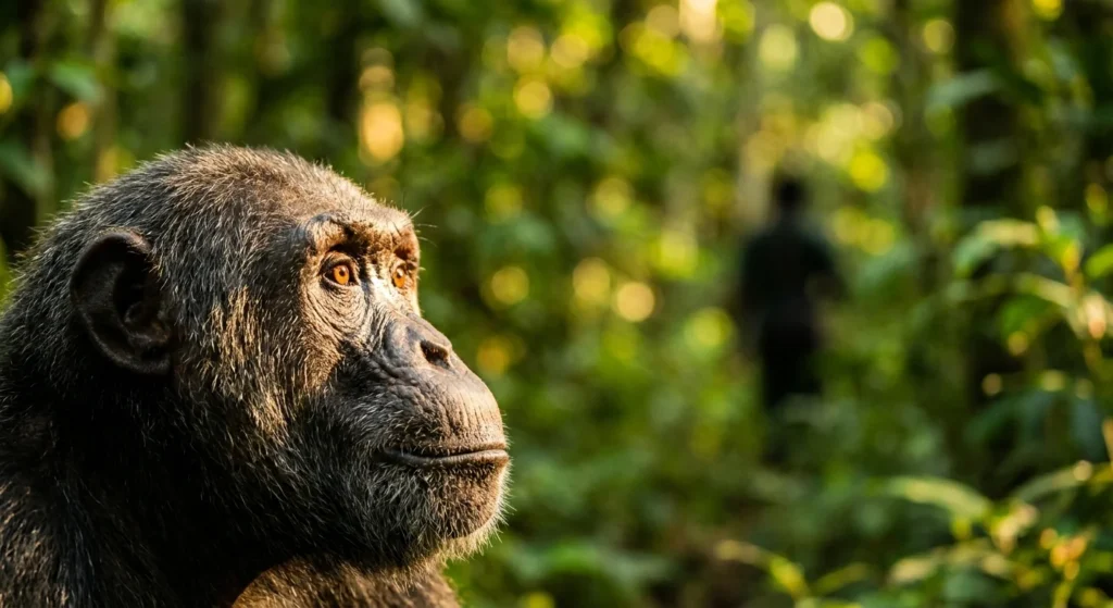 A close-up, cinematic portrait of a chimpanzee looking thoughtfully into the distance with warm golden hour lighting.