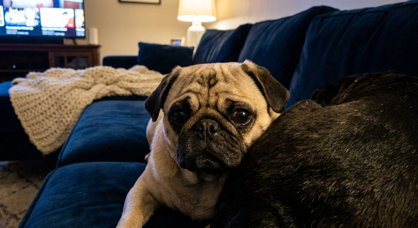 A close-up of a Pug snuggling against another dog on a blue velvet couch, showing a moment of cozy companionship.