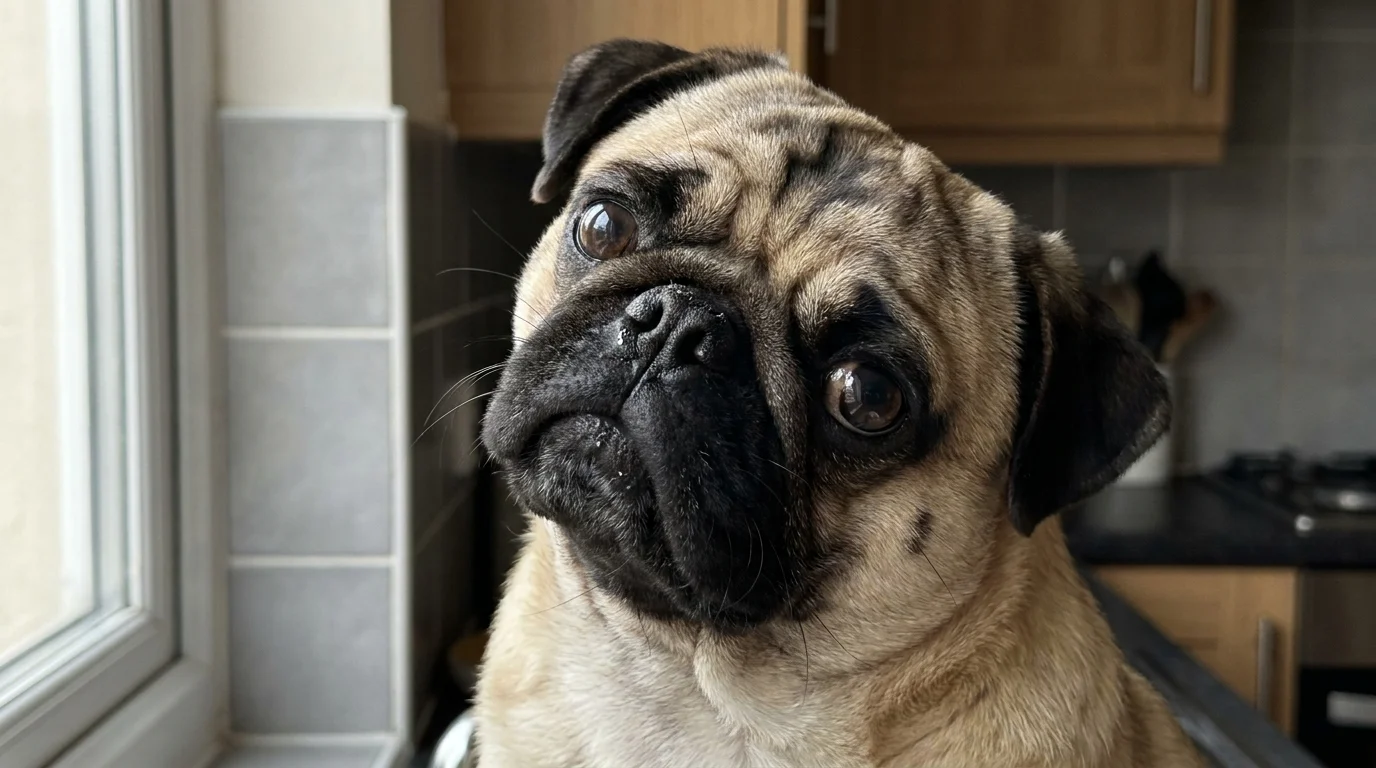A close-up of a Pug's face showing its deep wrinkles and large, round eyes.