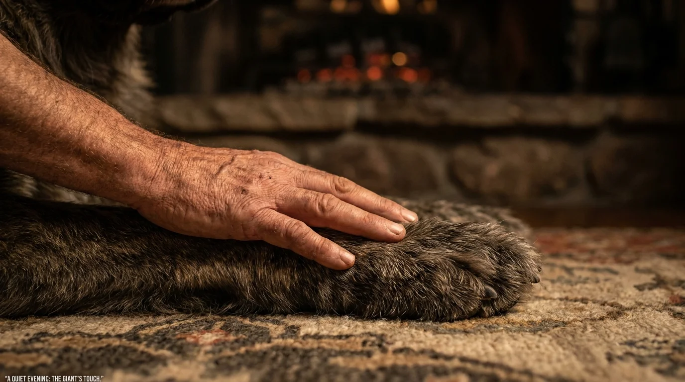 A close-up photograph of a human hand resting on a massive, furry dog paw in warm light.