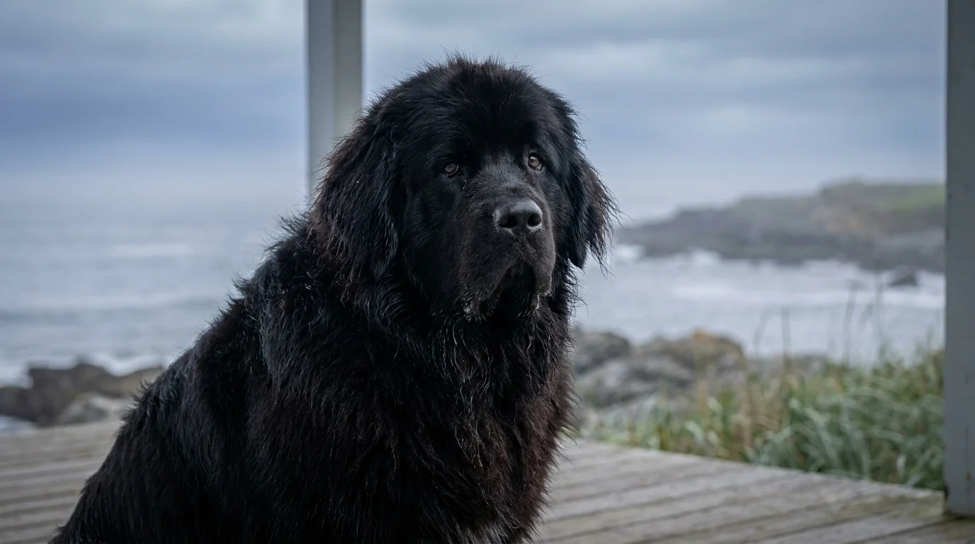 A close-up photograph of a massive black Newfoundland dog with a thick coat sitting on a wooden porch.