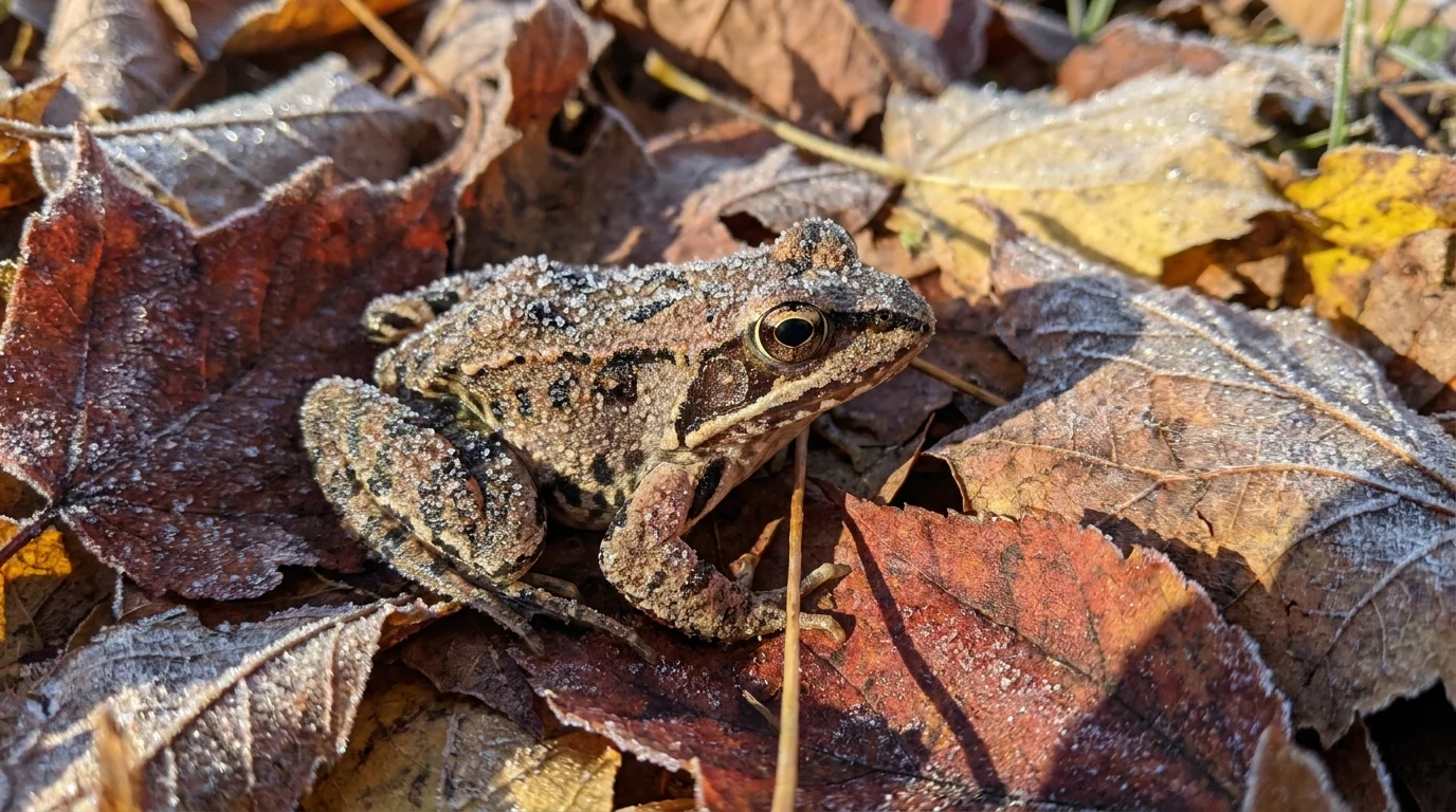 A close-up photograph of a wood frog covered in frost on a bed of dry autumn leaves during a cold winter morning.