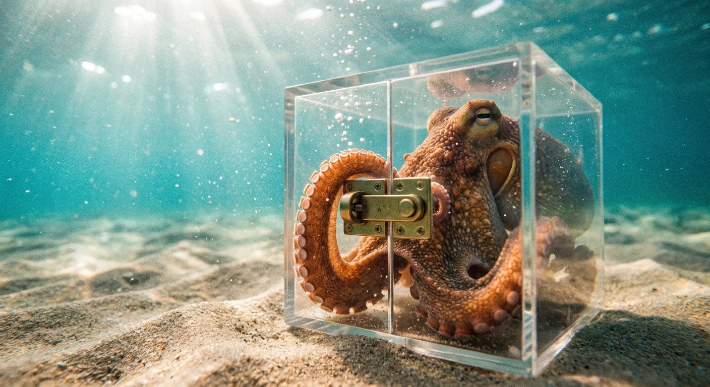 A close-up photograph of an octopus using its tentacles to solve a latch puzzle on a clear box underwater.