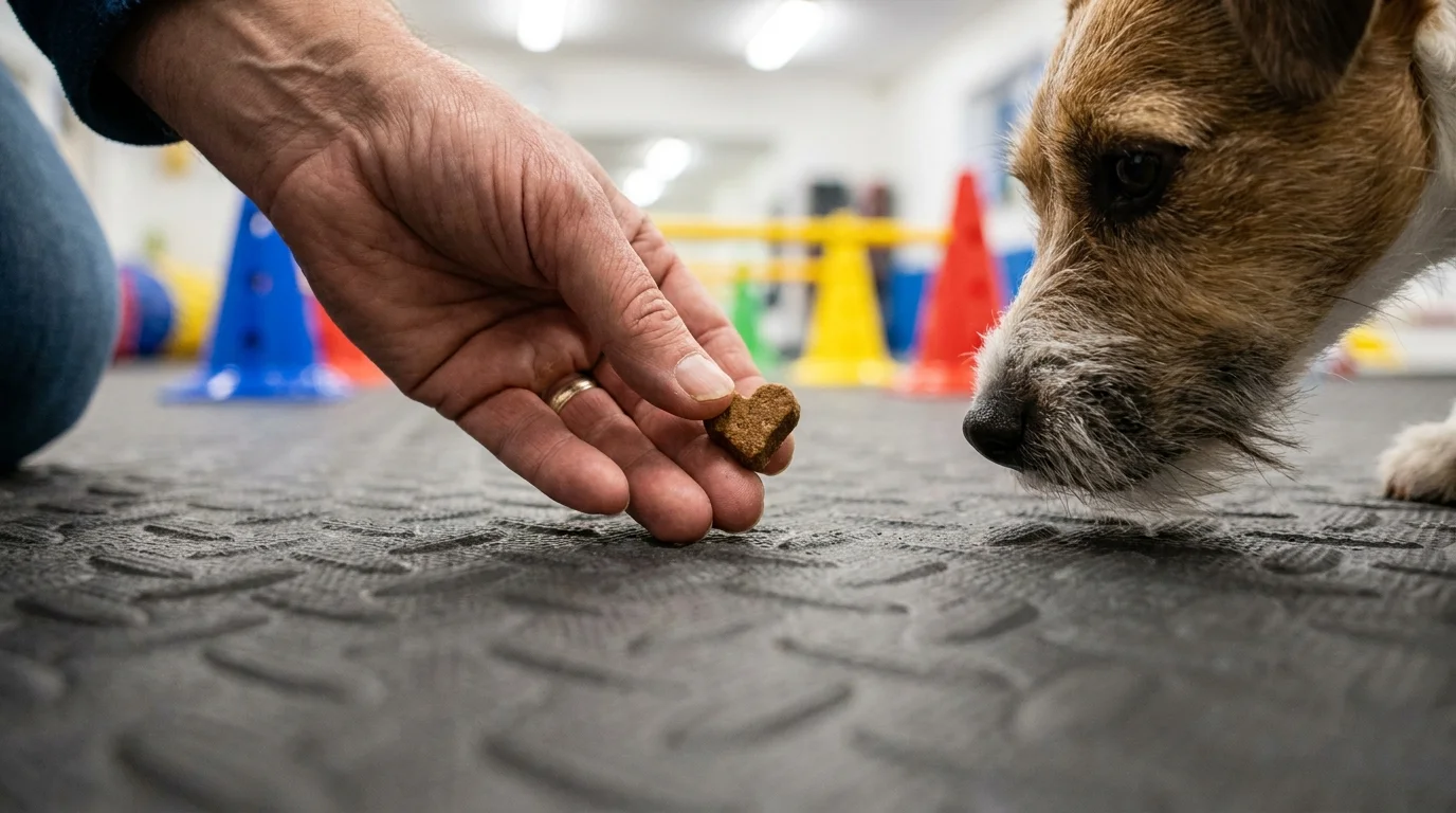 A close-up shot of a hand giving a treat to a small dog during a professional training session.