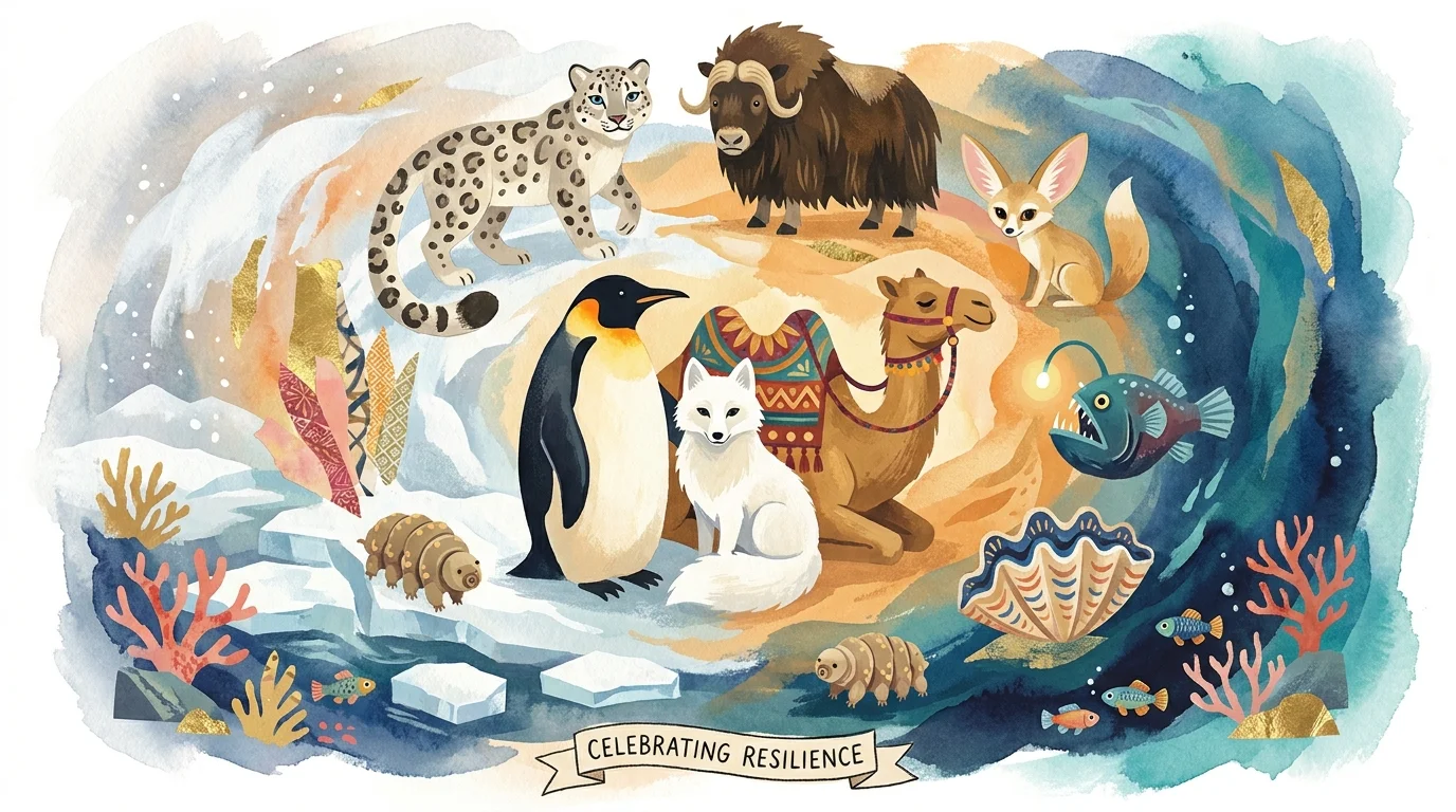 A colorful gouache illustration featuring a collage of all the extreme animals mentioned in the article in a celebratory layout.