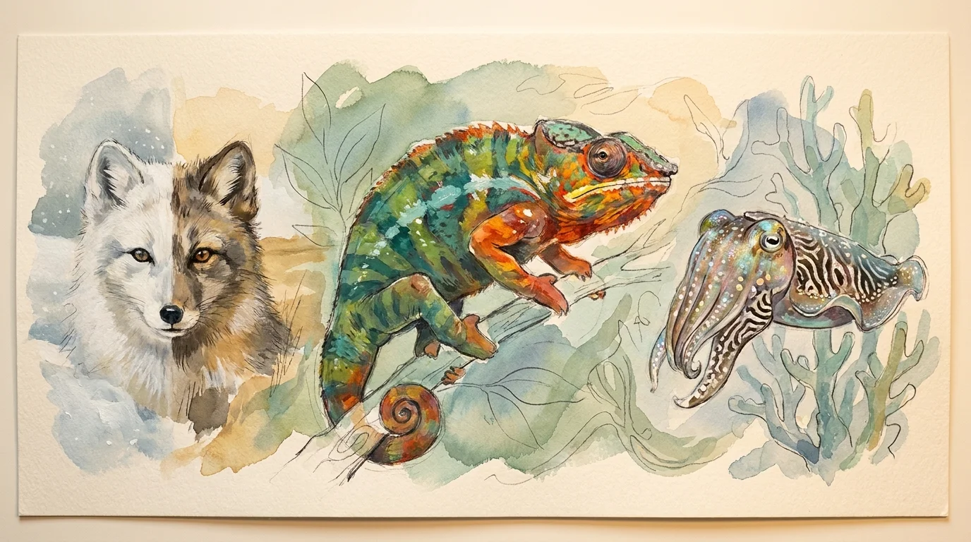 A colorful gouache illustration of a chameleon, an arctic fox in two seasonal coats, and a cuttlefish on a textured paper background.