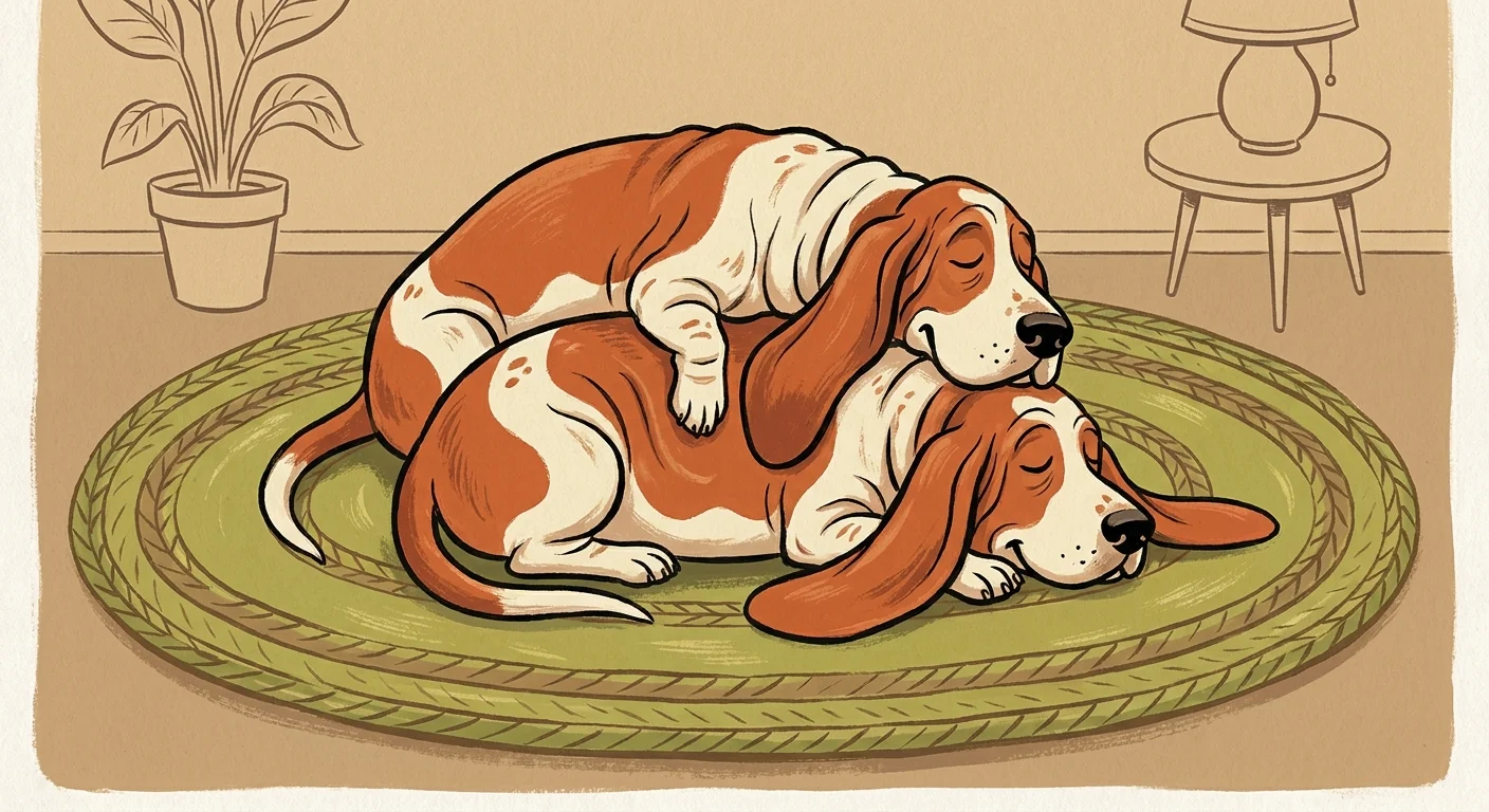 A colorful gouache illustration of two Basset Hounds curled up and napping together on a braided rug.