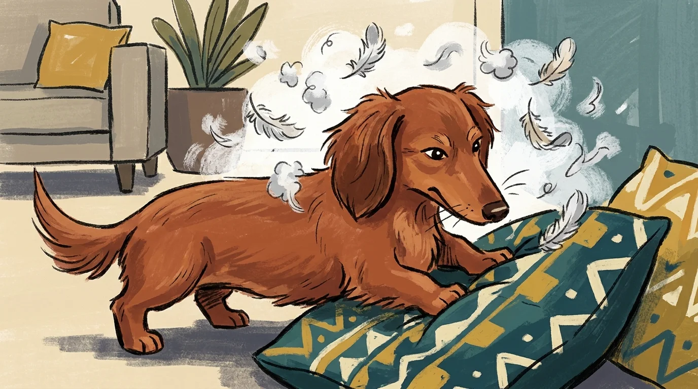 A colorful illustration of a Dachshund playfully digging into a sofa cushion with feathers flying.