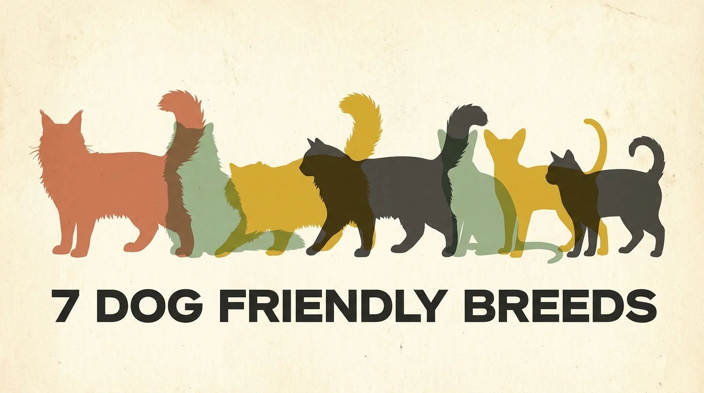 A colorful screenprint-style lineup showing the silhouettes of seven different cat breeds.
