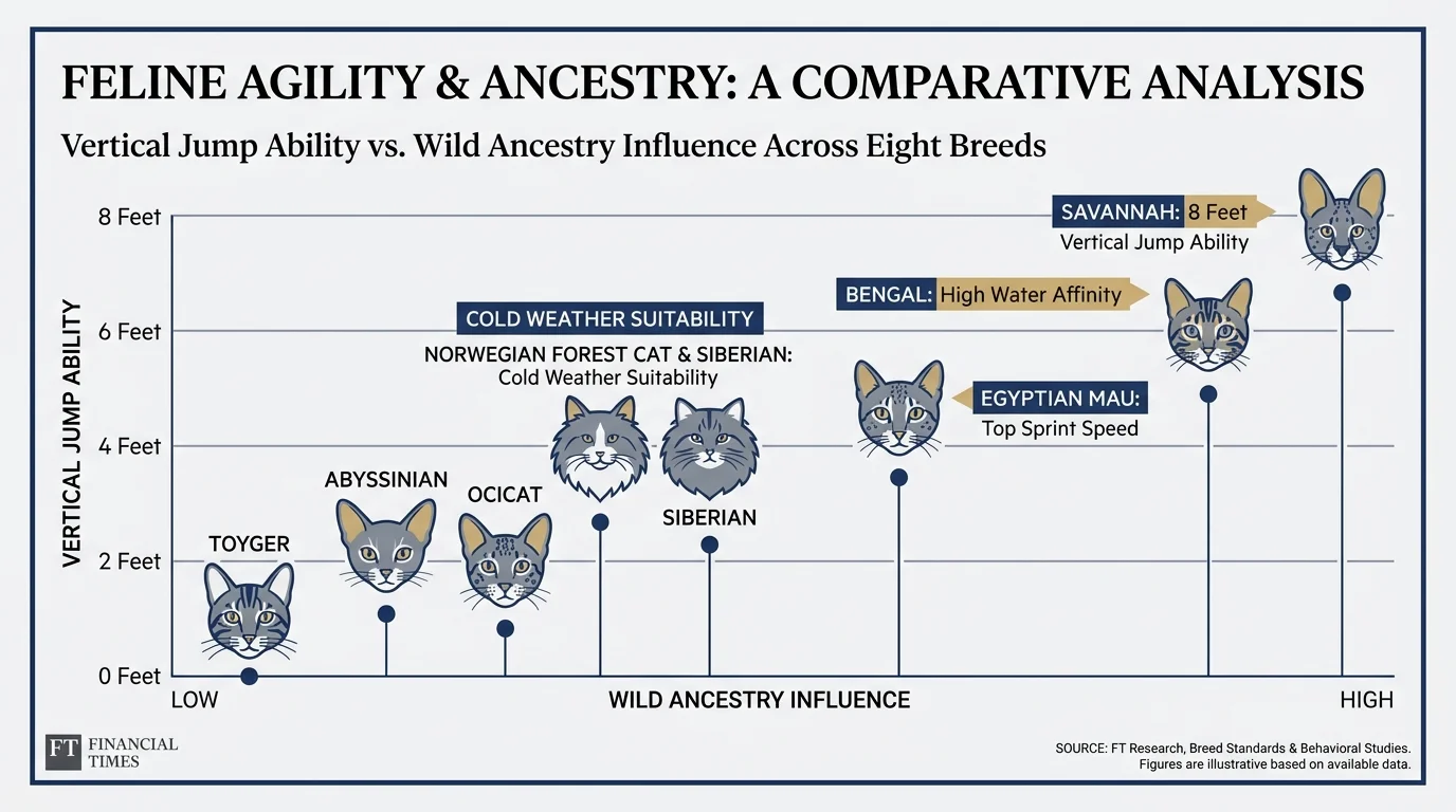 A comparison chart showing jump height, speed, and wild ancestry for different high-energy cat breeds.