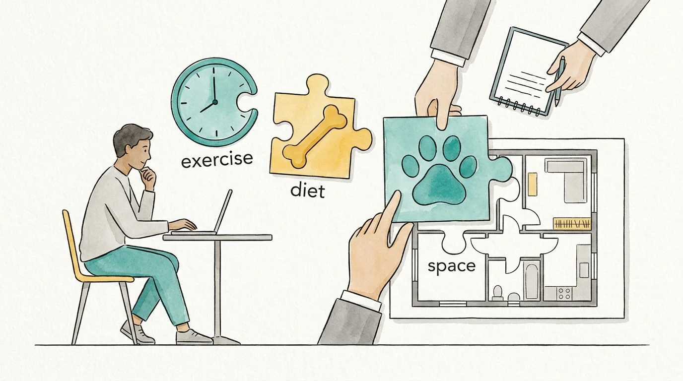 A conceptual illustration of a person planning for a dog's needs with professional advice, using puzzle-piece symbols.