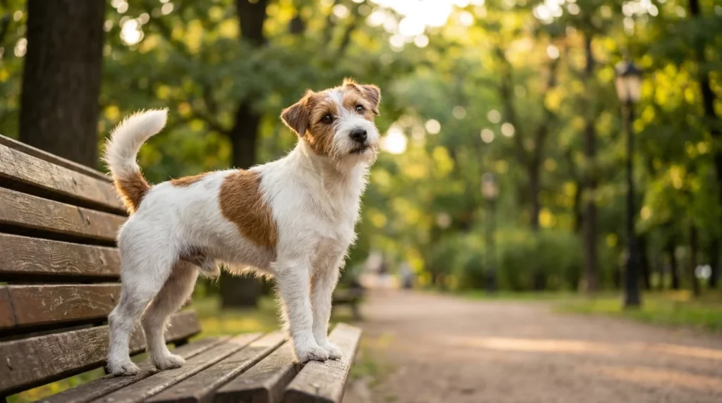 A confident Jack Russell Terrier stands on a park bench in warm golden hour light, looking alert and energetic.