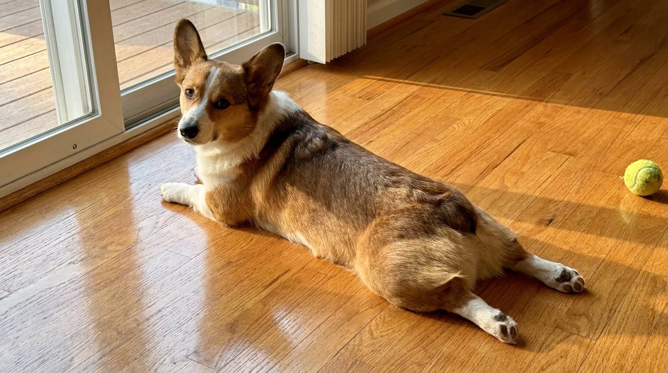 A Corgi stretching its back legs out in a 'sploot' on a hardwood floor.