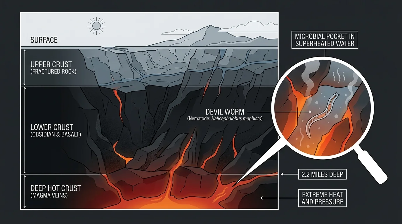 A cross-section diagram of the Earth's crust showing the Devil Worm living miles underground in extreme pressure.