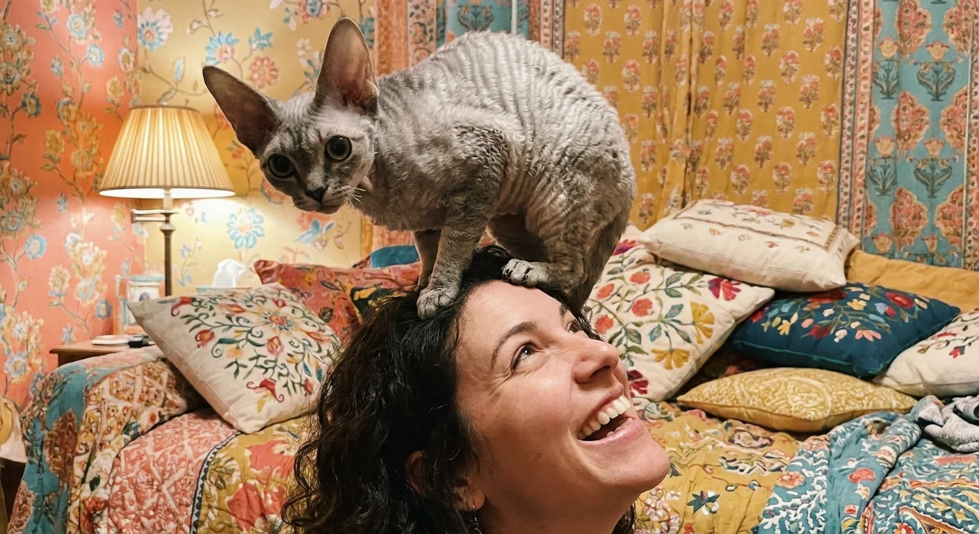 A curly-haired Devon Rex cat with large ears perched playfully on a person's head.