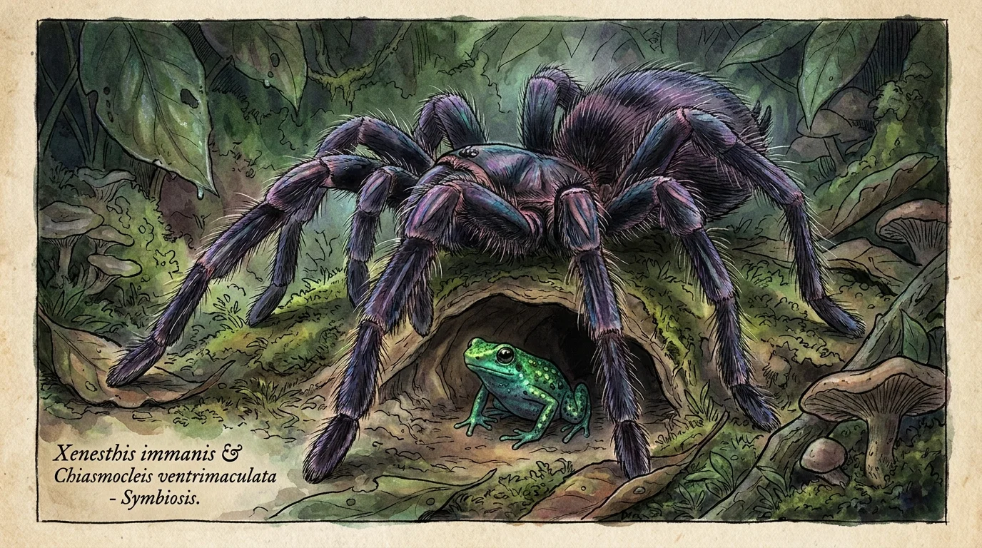 A detailed watercolor illustration of a large tarantula standing over a tiny green frog in a jungle burrow.