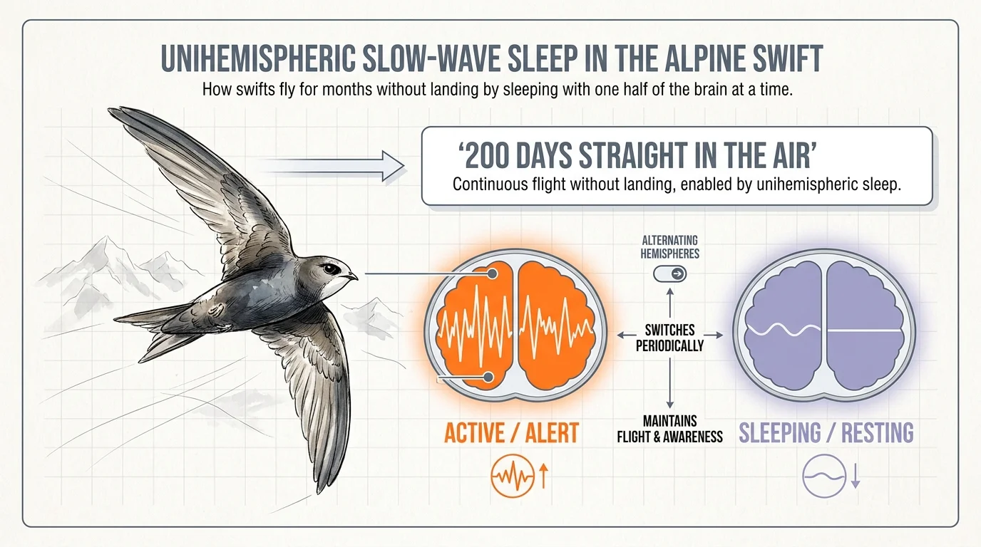 A diagram showing an Alpine swift flying with a brain cross-section explaining unihemispheric sleep.
