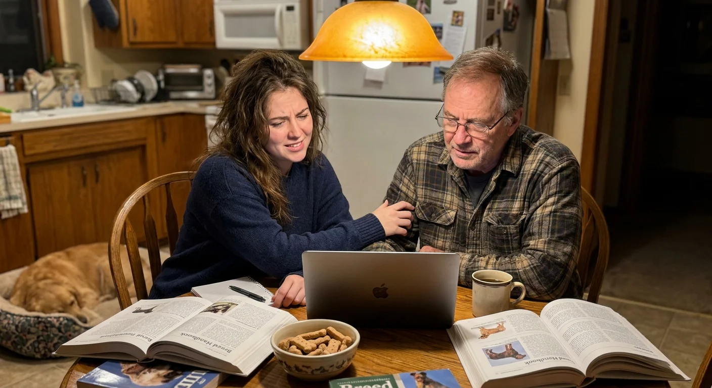 A dog owner and a trainer sitting at a kitchen table looking at a laptop together.