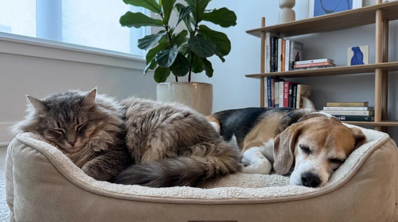A fluffy Norwegian Forest Cat and a Beagle dog sleeping together in a dog bed.