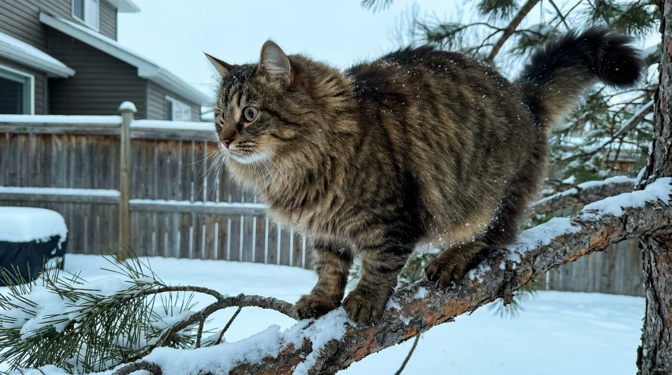 A fluffy Norwegian Forest Cat with thick fur climbing a snowy pine tree branch in a backyard.