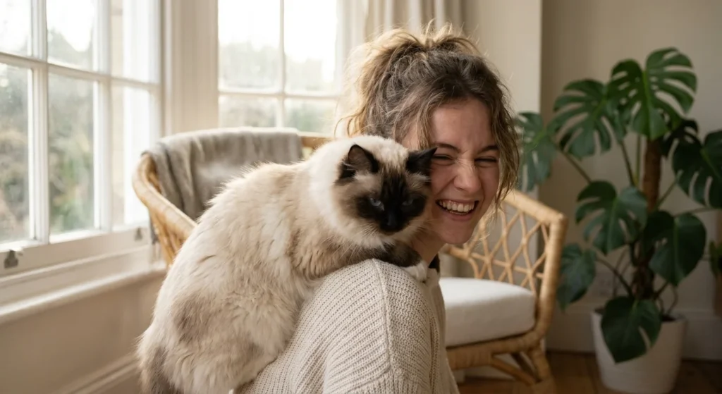 A fluffy Ragdoll cat affectionately nuzzling a woman's neck in a sunlit room, showcasing the social nature of the breed.