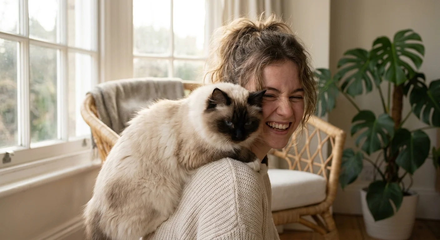 A fluffy Ragdoll cat affectionately nuzzling a woman's neck in a sunlit room, showcasing the social nature of the breed.