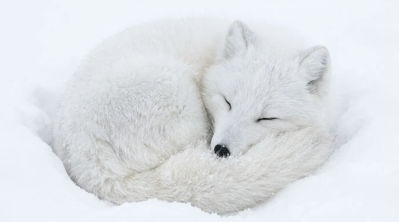 A fluffy white Arctic Fox sleeping curled up in the snow, blending into its frozen environment.