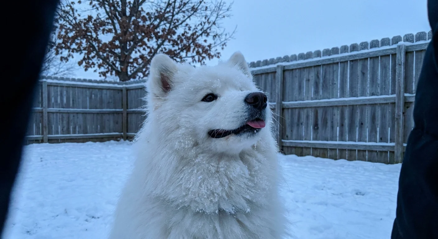 A fluffy white Samoyed smiling in the snow, its fur covered in light frost.