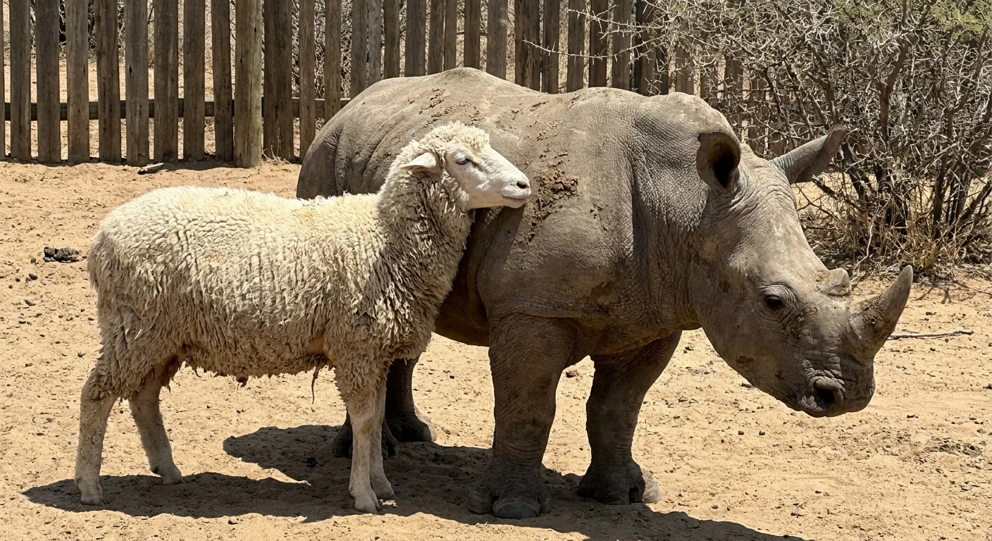 A fluffy white sheep standing close to a small, grey baby rhino in a sandy outdoor pen.