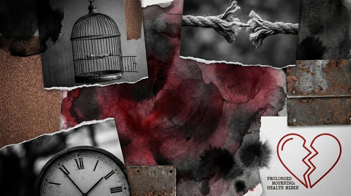 A fragmented collage with dark colors and a broken heart icon, representing the distress of animal grief.